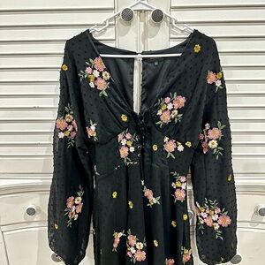 MAJORELLE Black Dress with Pink and Yellow Floral Design